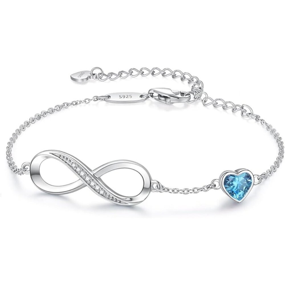 Infinity Heart Birthstone Link Bracelet - Silver March
